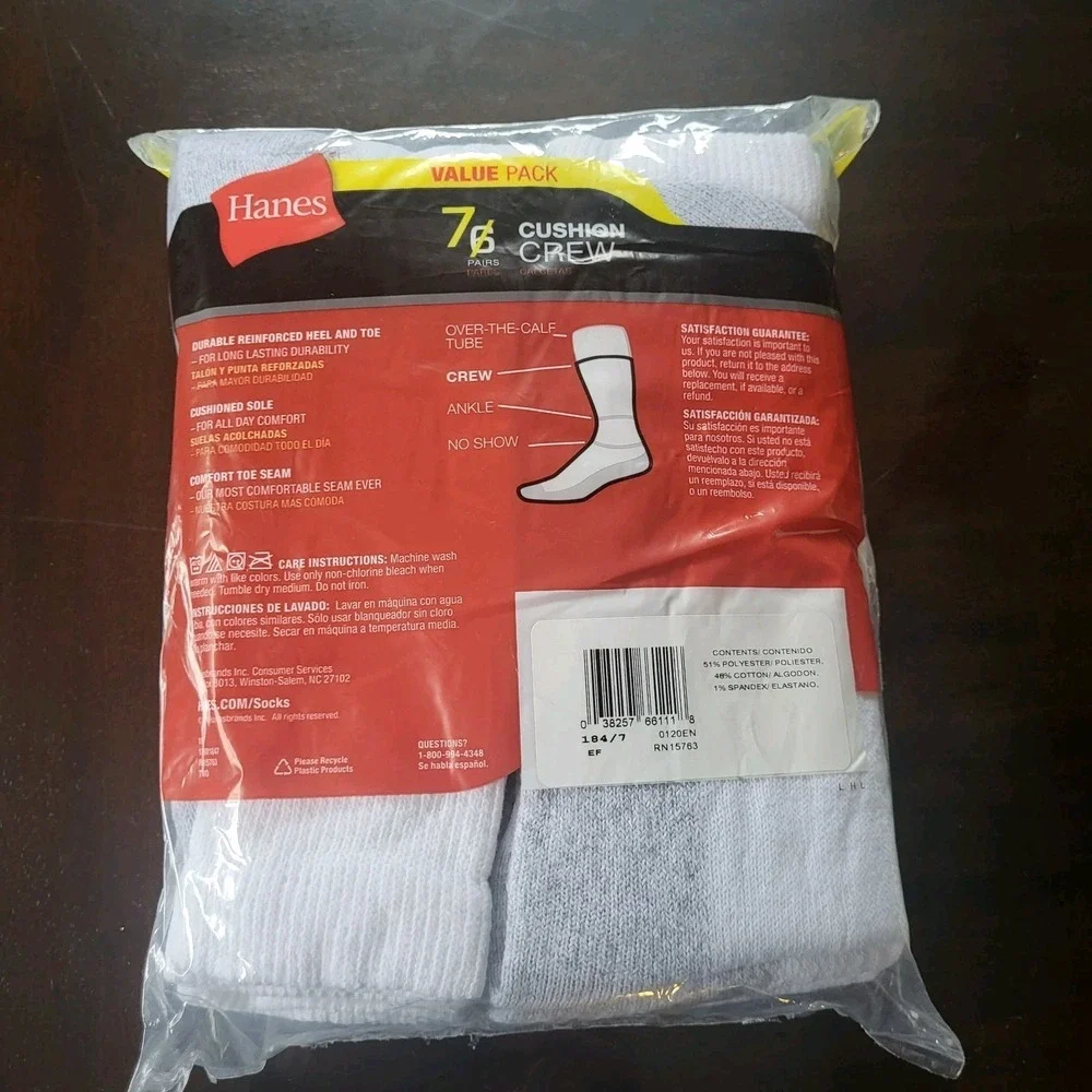 Hanes Men Cushion Crew Socks White 6-12 / 7 Pack New